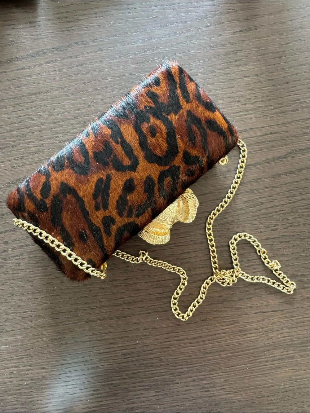 C.Wonder Genuine Leather Leopard Pony Hair Ram Head Clutch Crossbody Bag
